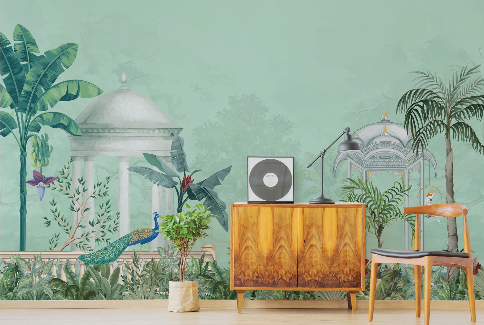 Indian heritage botanical wall mural enhancing contemporary interior space with calming tropical jungle atmosphere
