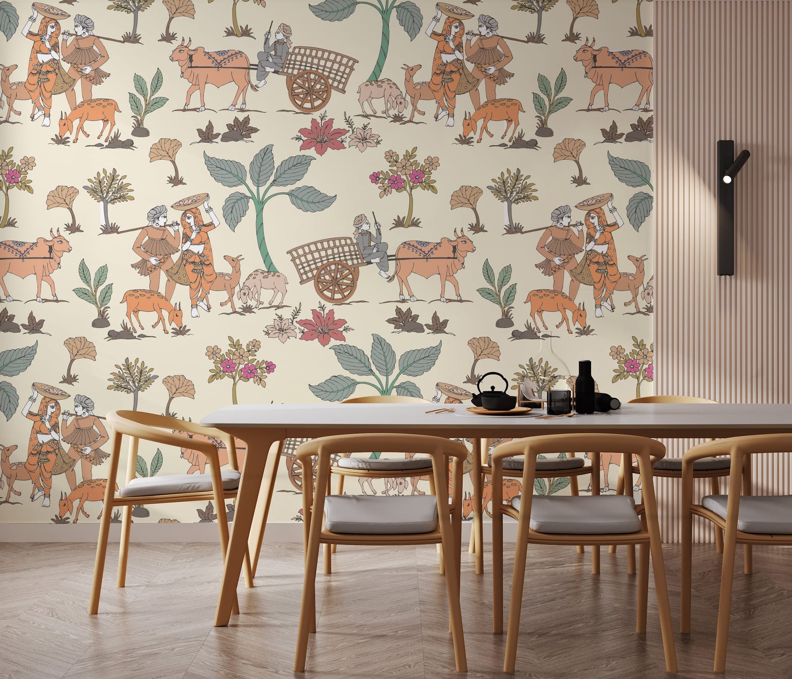 Ethnic folk wallpaper with village illustration, muted colors for stylish dining room wall