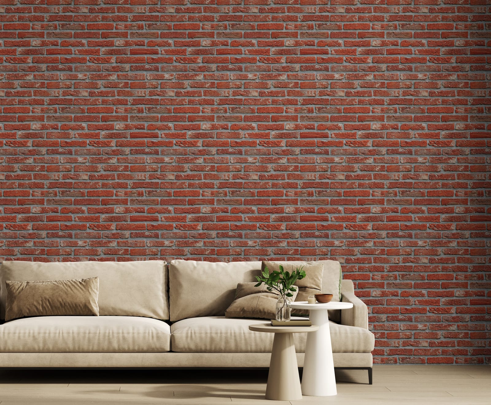 Industrial loft red brick wall mural creating a bold living room feature inspired by modern Miami interior design.