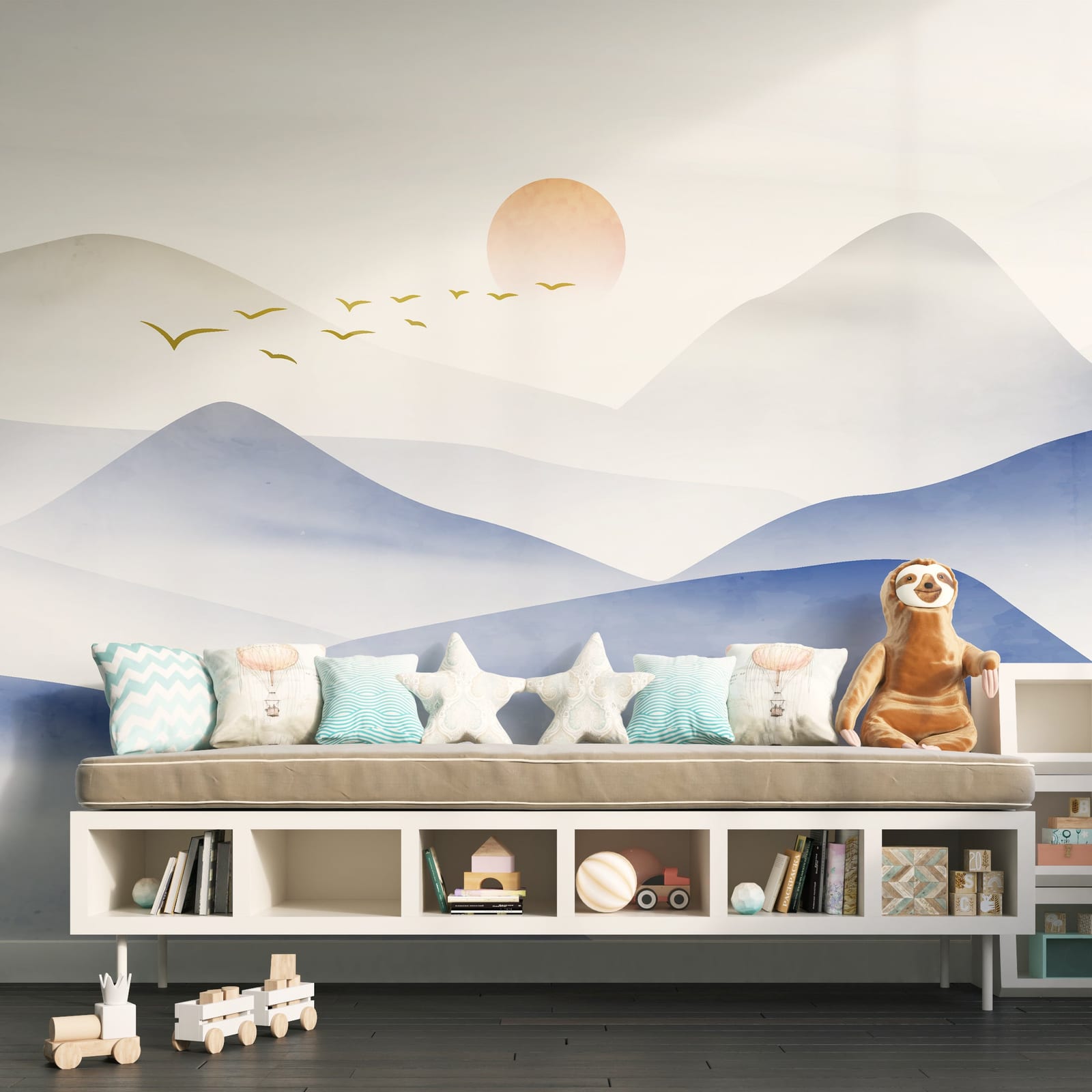 Playful blue mountain mural with bright birds, perfect for inspiring kids’ room walls.