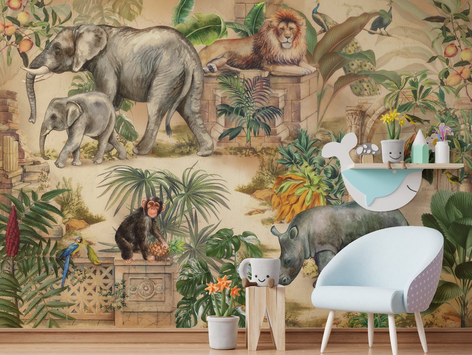 Playful kids room peel and stick wallpaper featuring safari animals elephant lion jungle scene in soft tones