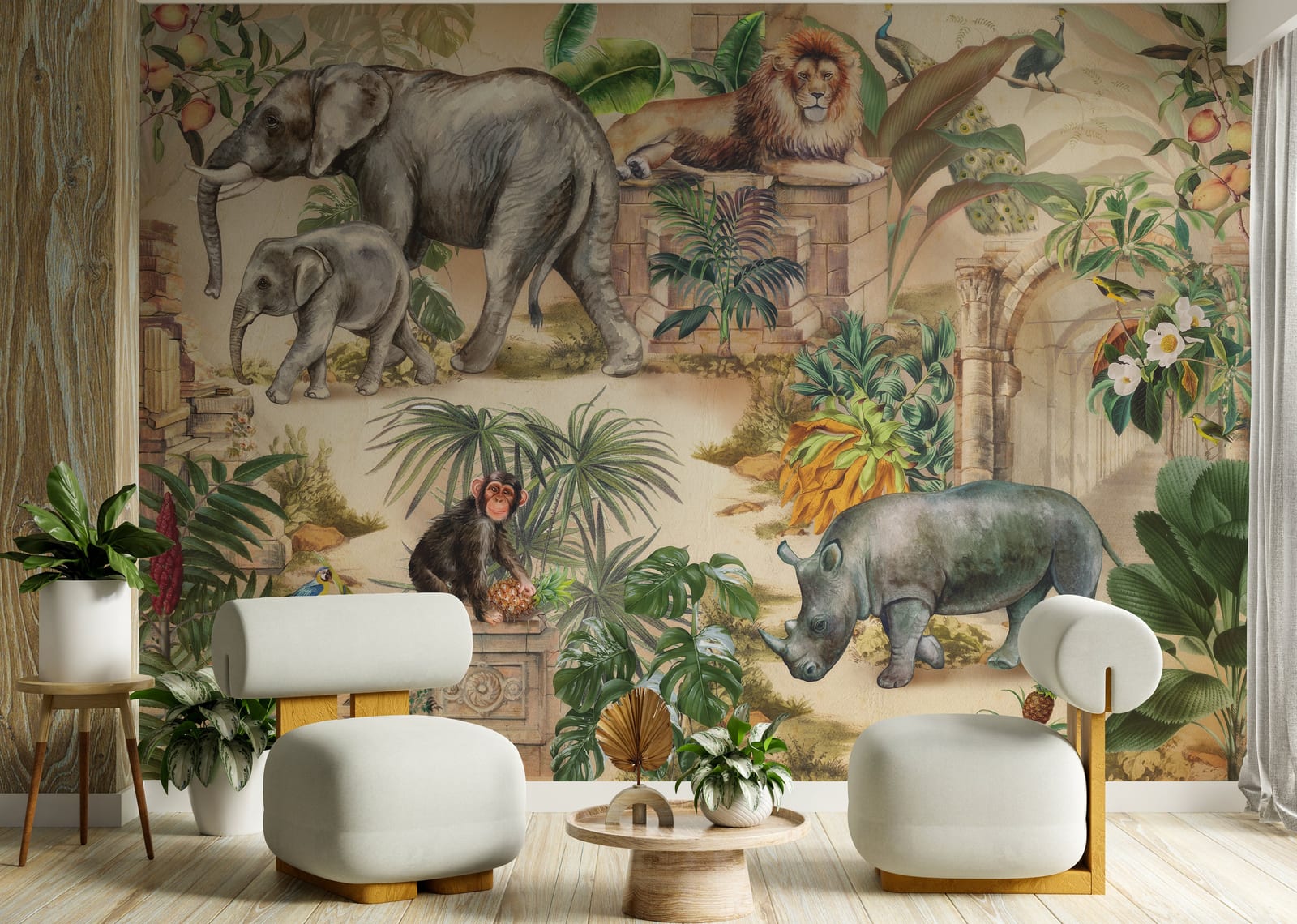 Modern living room wall mural featuring jungle safari animals and botanical elements in warm neutral colors