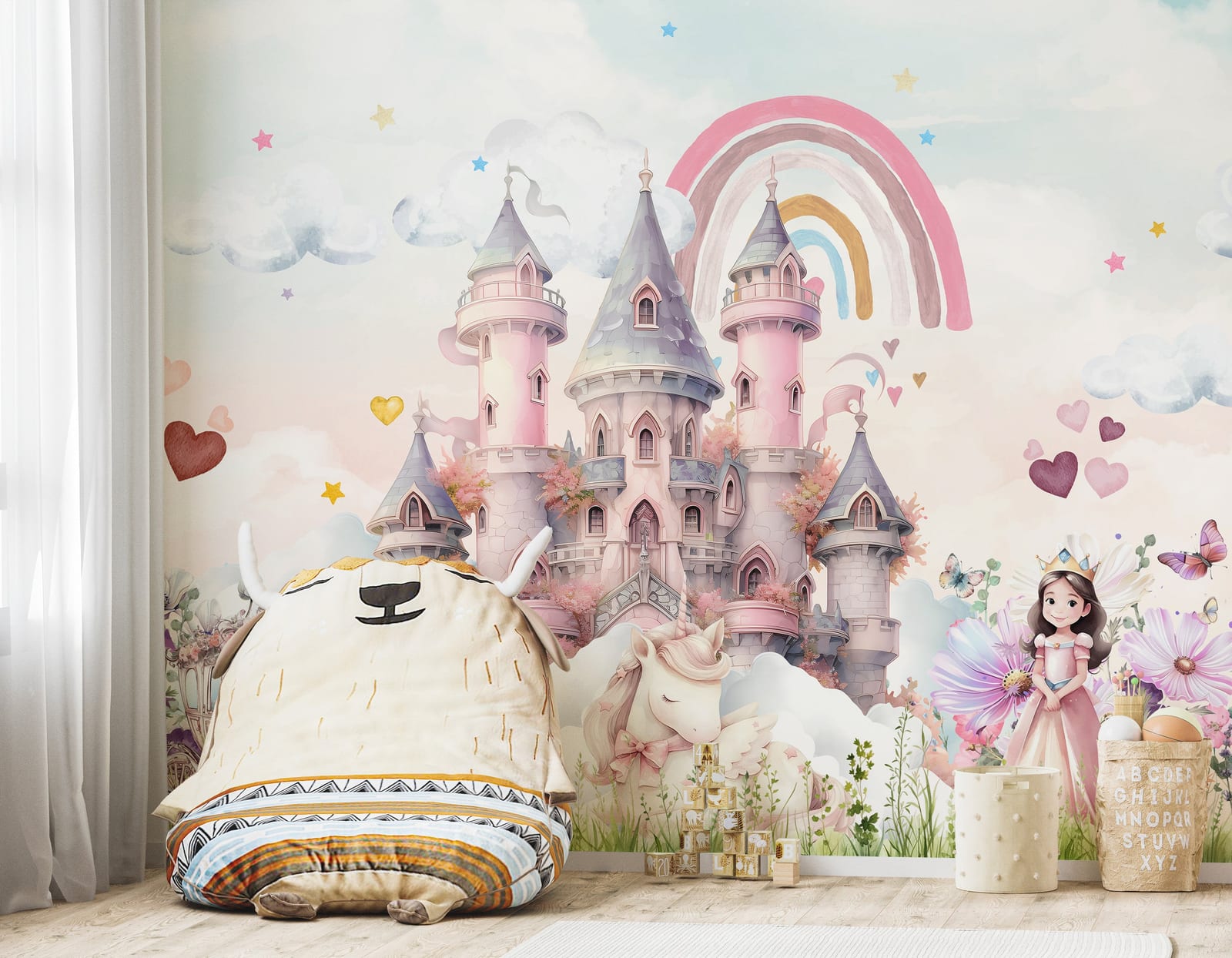 Pink Castle Kids Wallpaper with Rainbow Unicorns | Peel and Stick Wall Mural