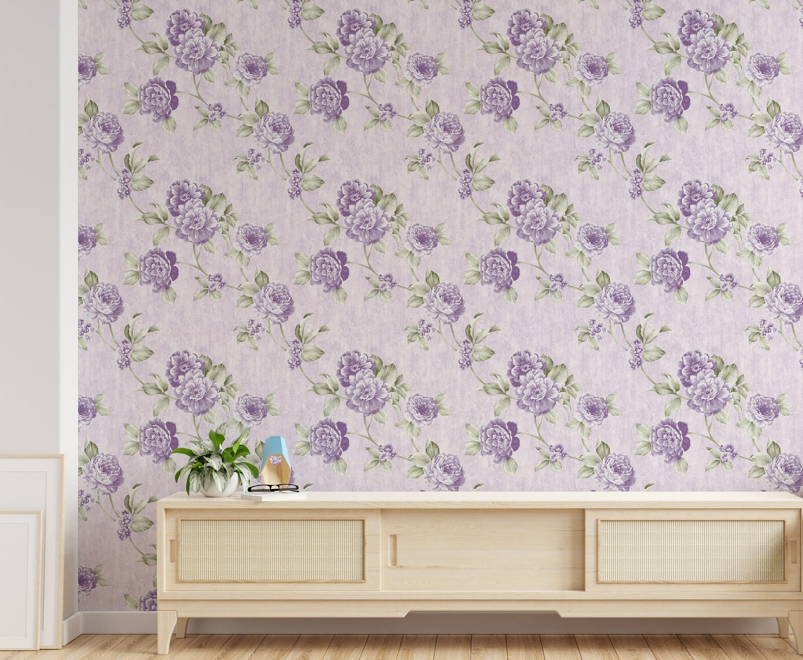 Cozy bedroom accent wall decorated with lavender floral wallpaper in soft purple tones offering a relaxing botanical atmosphere for restful interiors