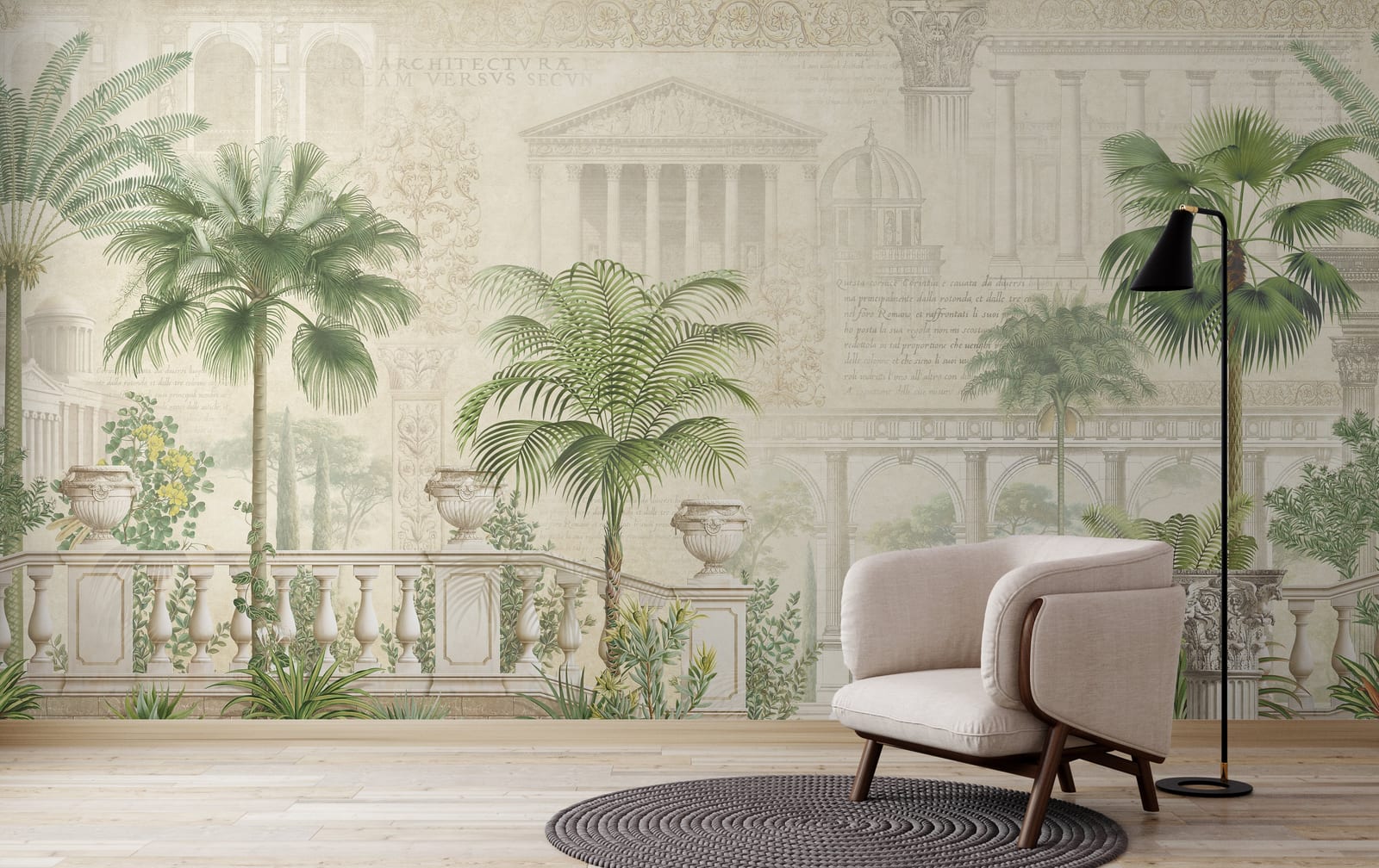 Elegant tropical palm wallpaper with Roman architecture mural, perfect for luxury interiors in California, Sydney, London, and coastal homes.