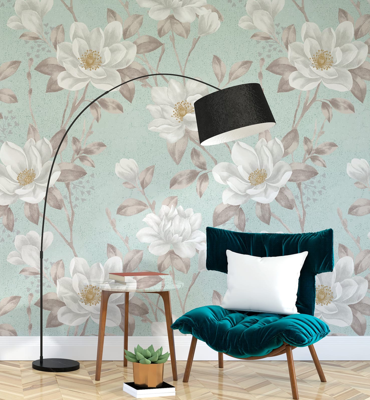 Elegant magnolia floral wallpaper in sage tones for stylish home office wall