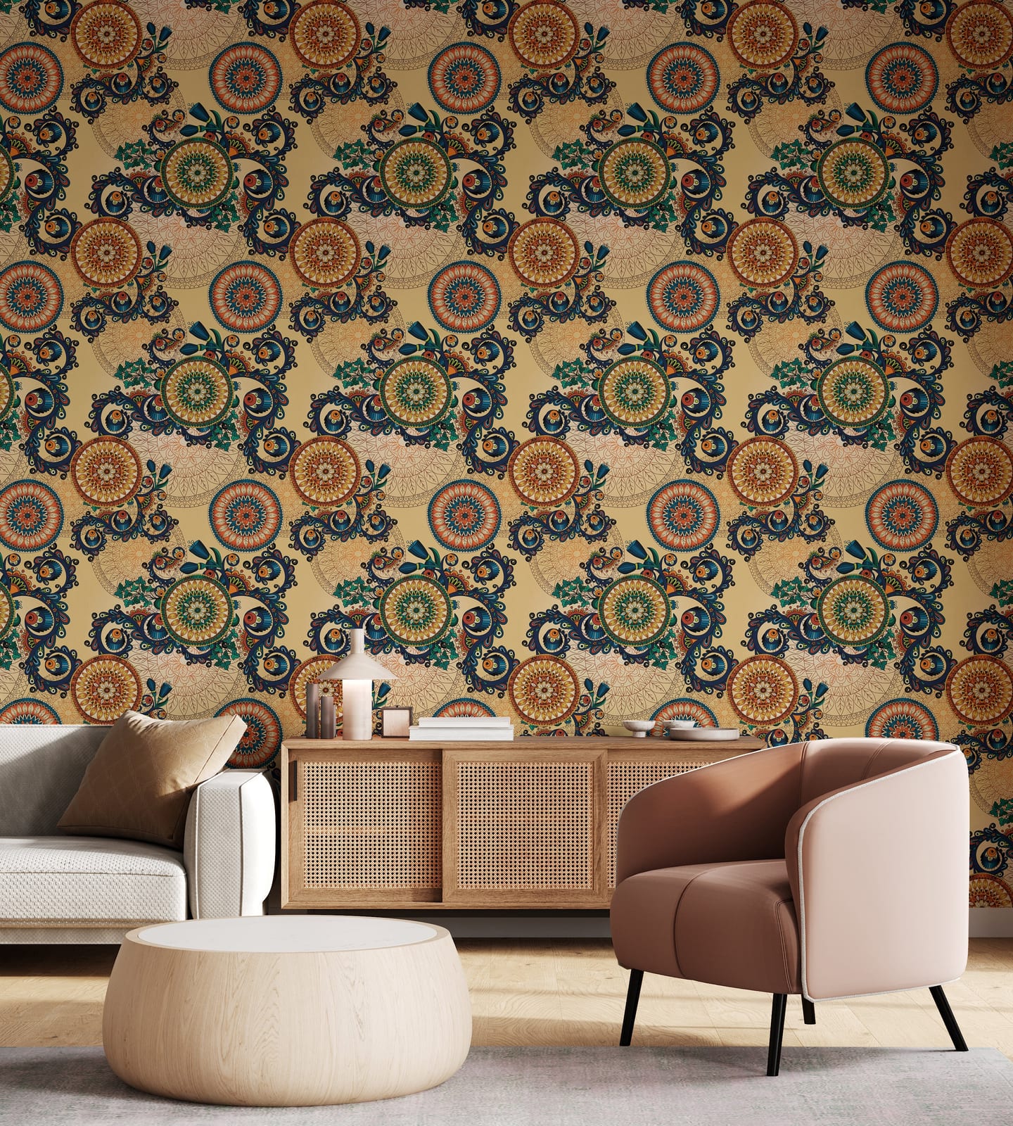 Modern living room wall decor featuring intricate mandala pattern boho wallpaper mural
