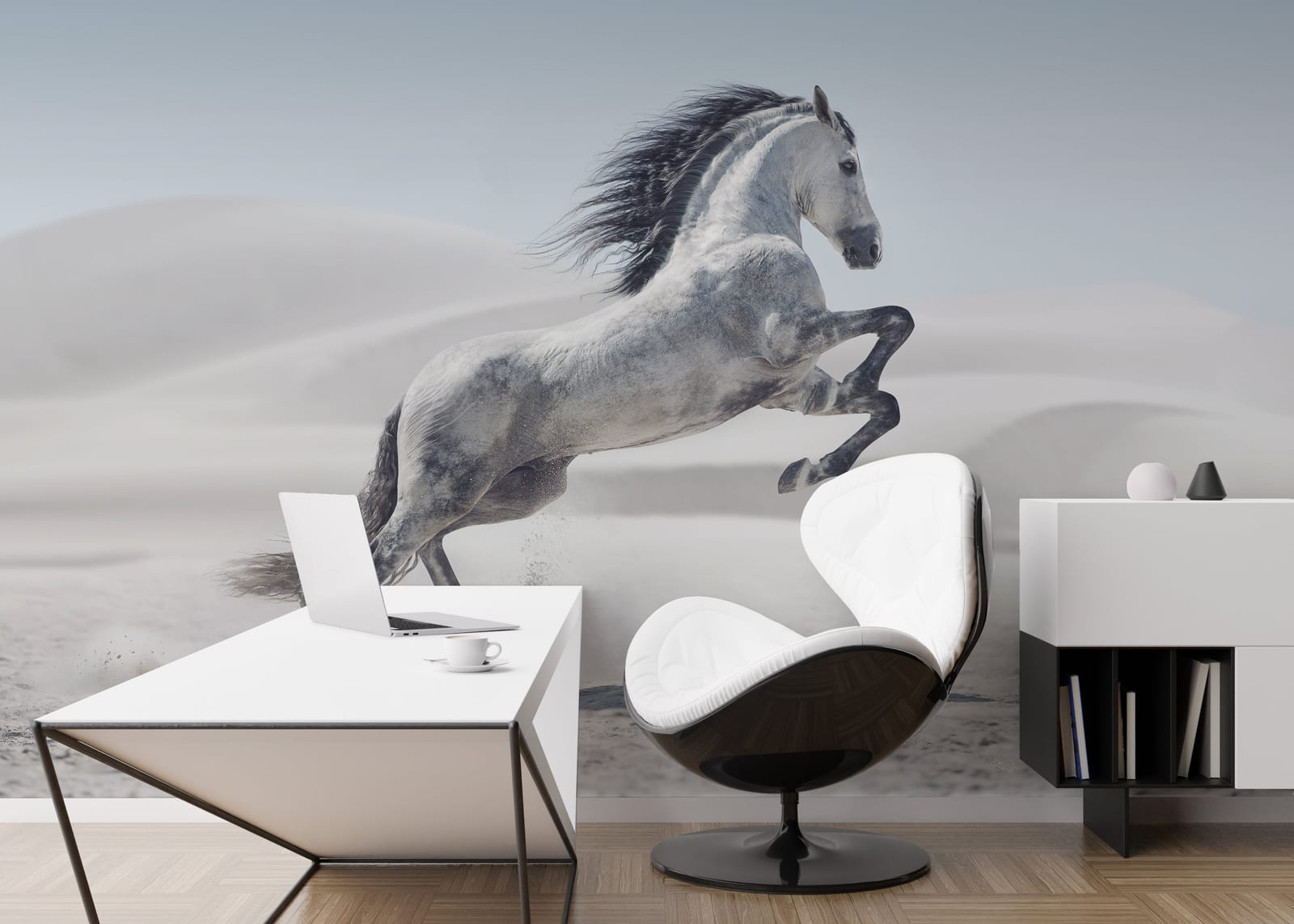 Running grey horse wallpaper mural installed on office backdrop wall creating inspiring workspace ambiance with refined decorative theme