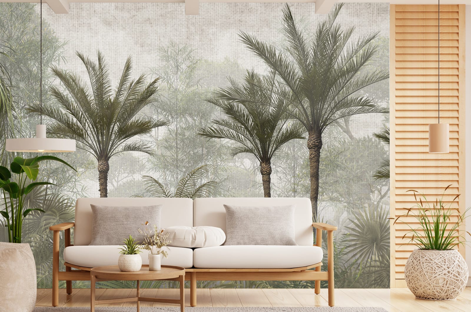Neutral Tropical Palm Forest Wall Mural Enhancing Living Room with Calm Botanical Style