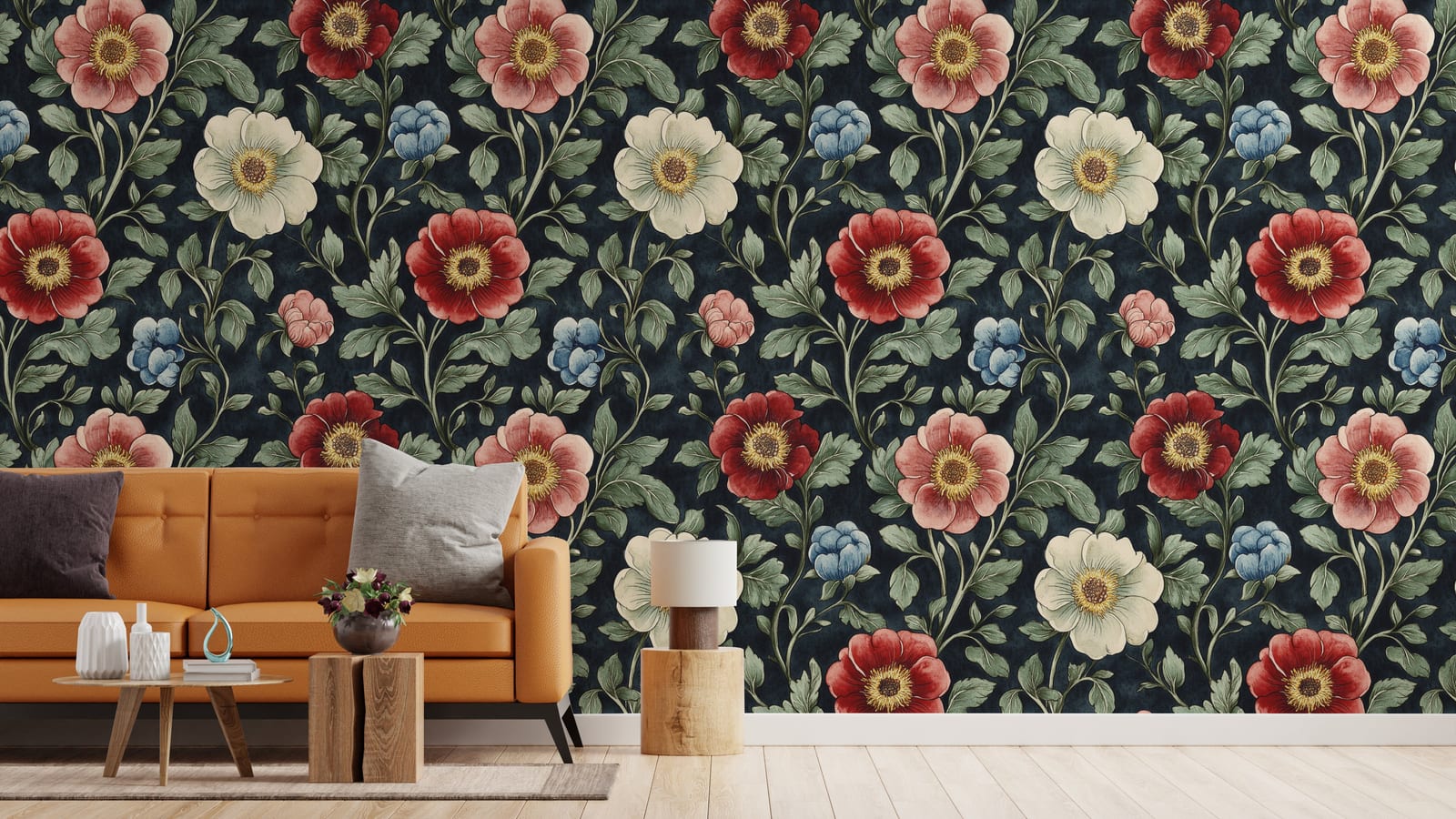 Lounge area statement wall with vintage blooms, navy backdrop, premium relaxing decor style