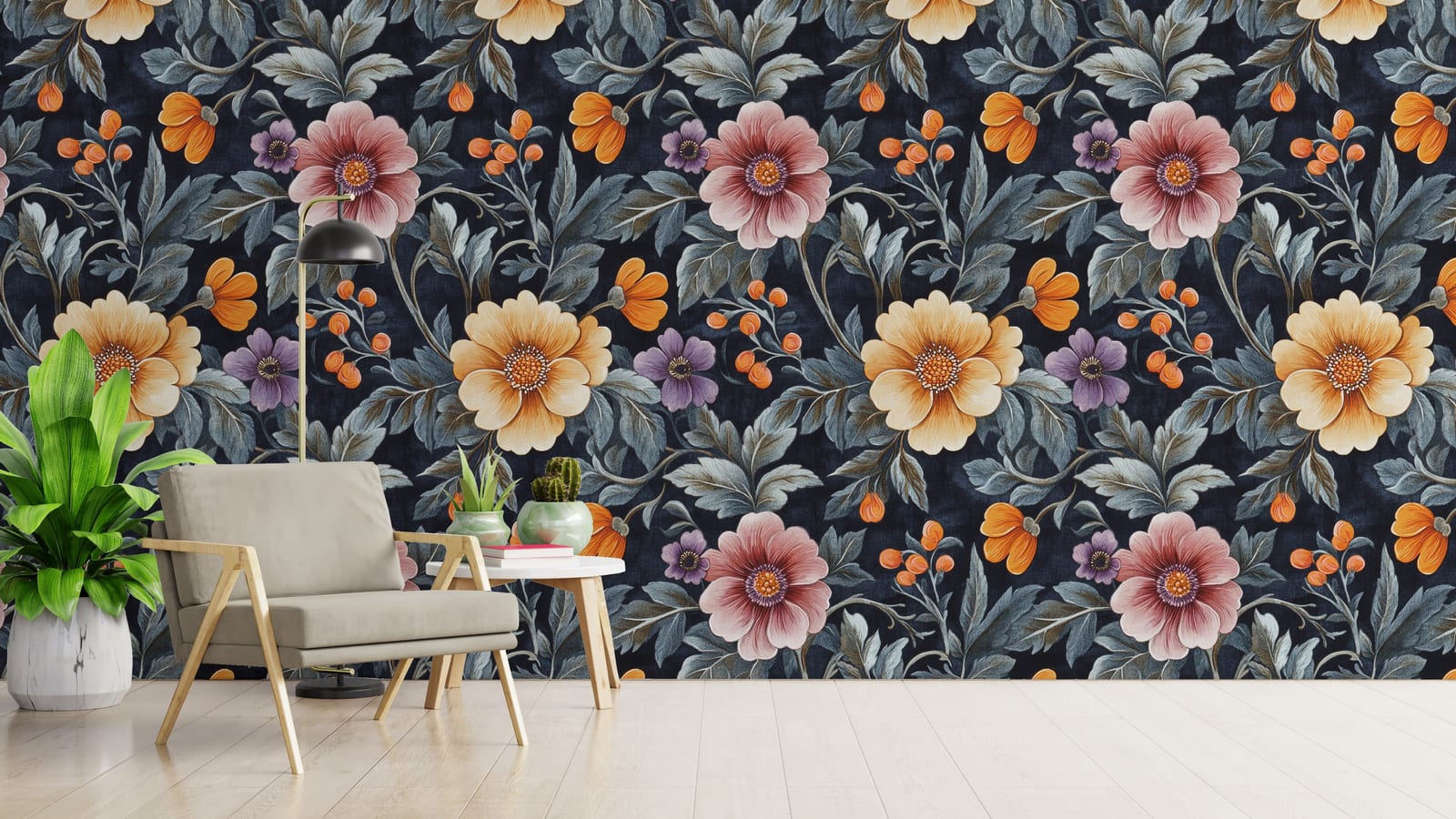 Moody floral wall mural with colorful blossoms and deep blue tones for modern dining room