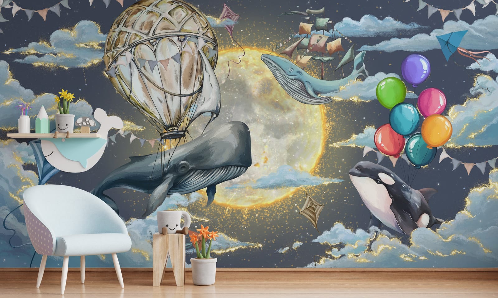 Modern kids nursery interior featuring dreamy whale moon sky wallpaper mural creating magical ocean themed wall design.