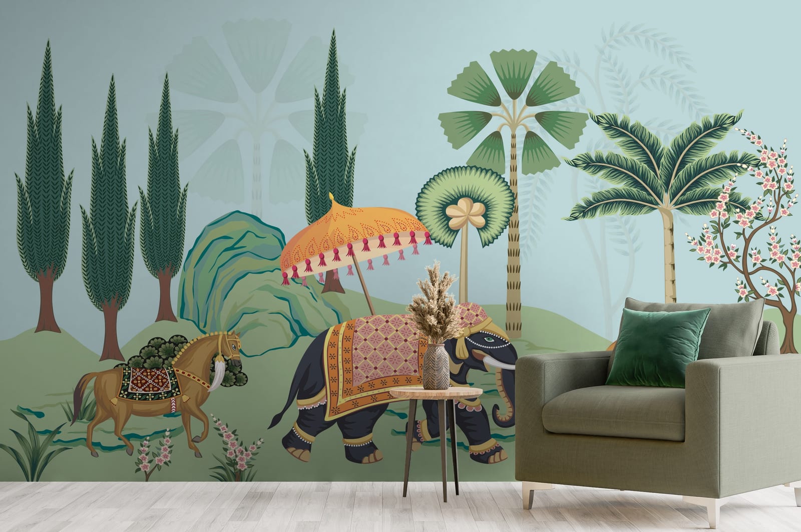 Dynamic safari mural with vibrant greens and animals creating energy in office space