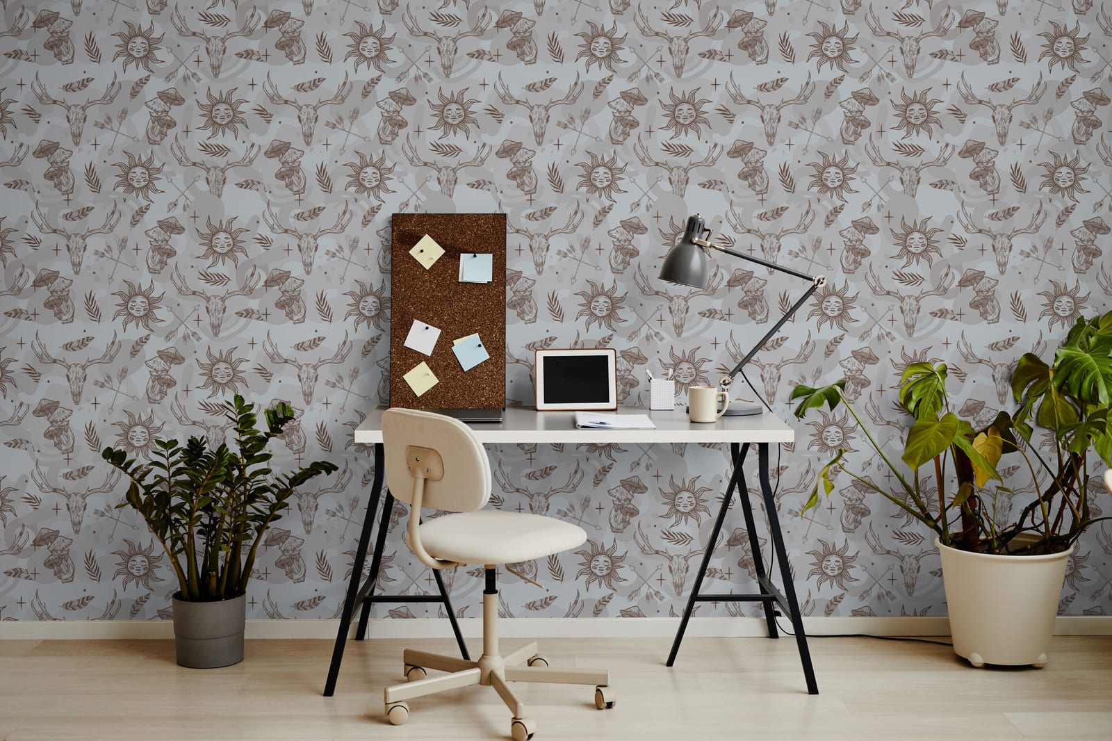Artistic bohemian wallpaper with western deer skull and sun motifs for studio space