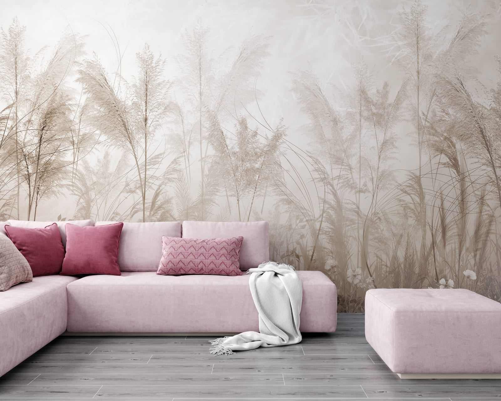 Neutral pampas botanical wall design for stylish bedroom background