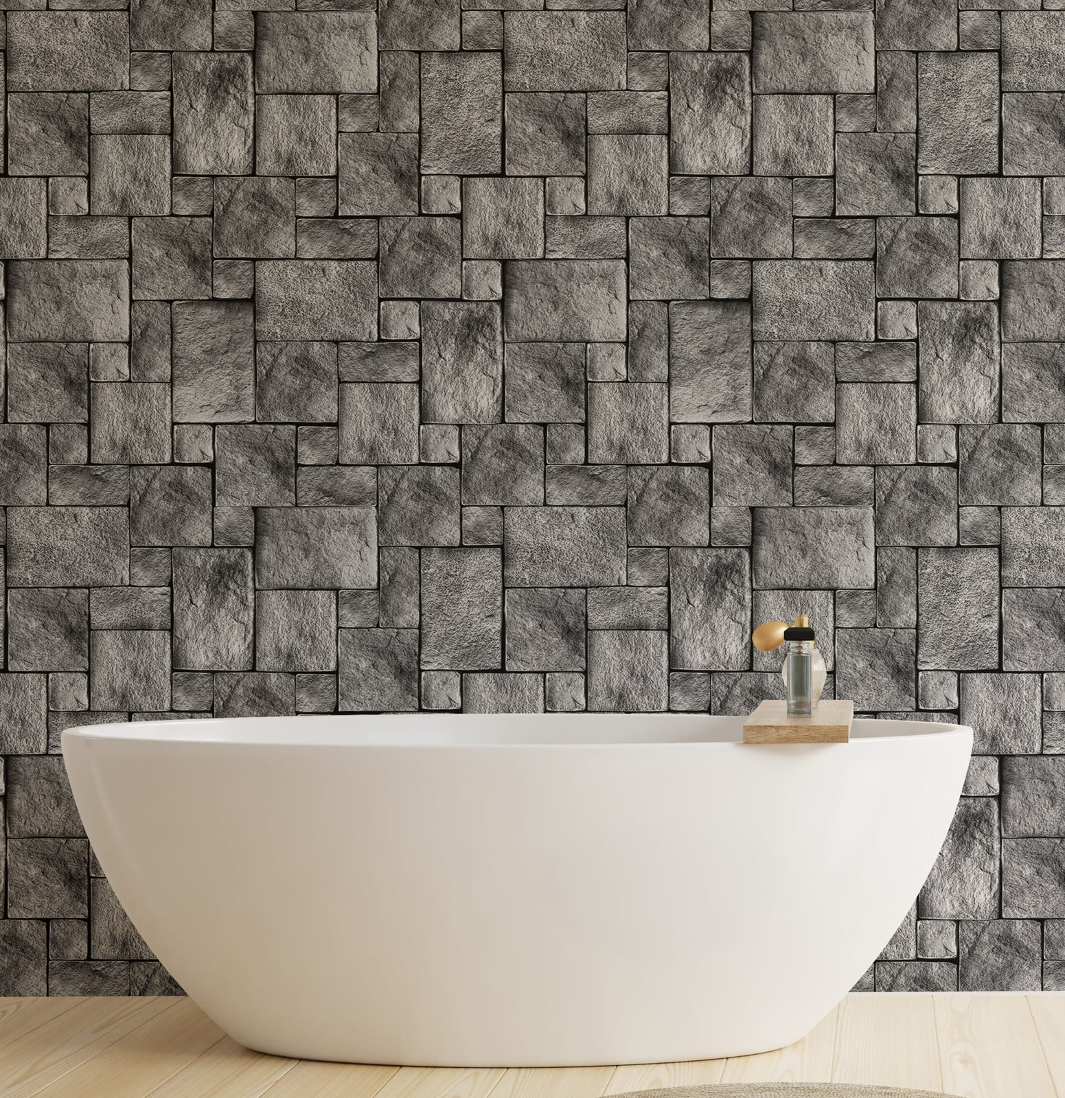 Rustic stacked rock wallpaper with natural grey stone texture creating elegant modern wall decor