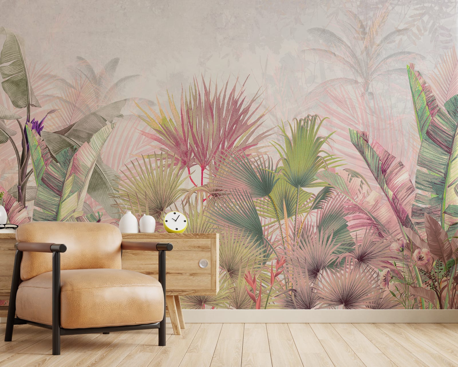 Elegant leafy wallpaper in soft natural shades providing a welcoming and relaxing guest bedroom ambiance.
