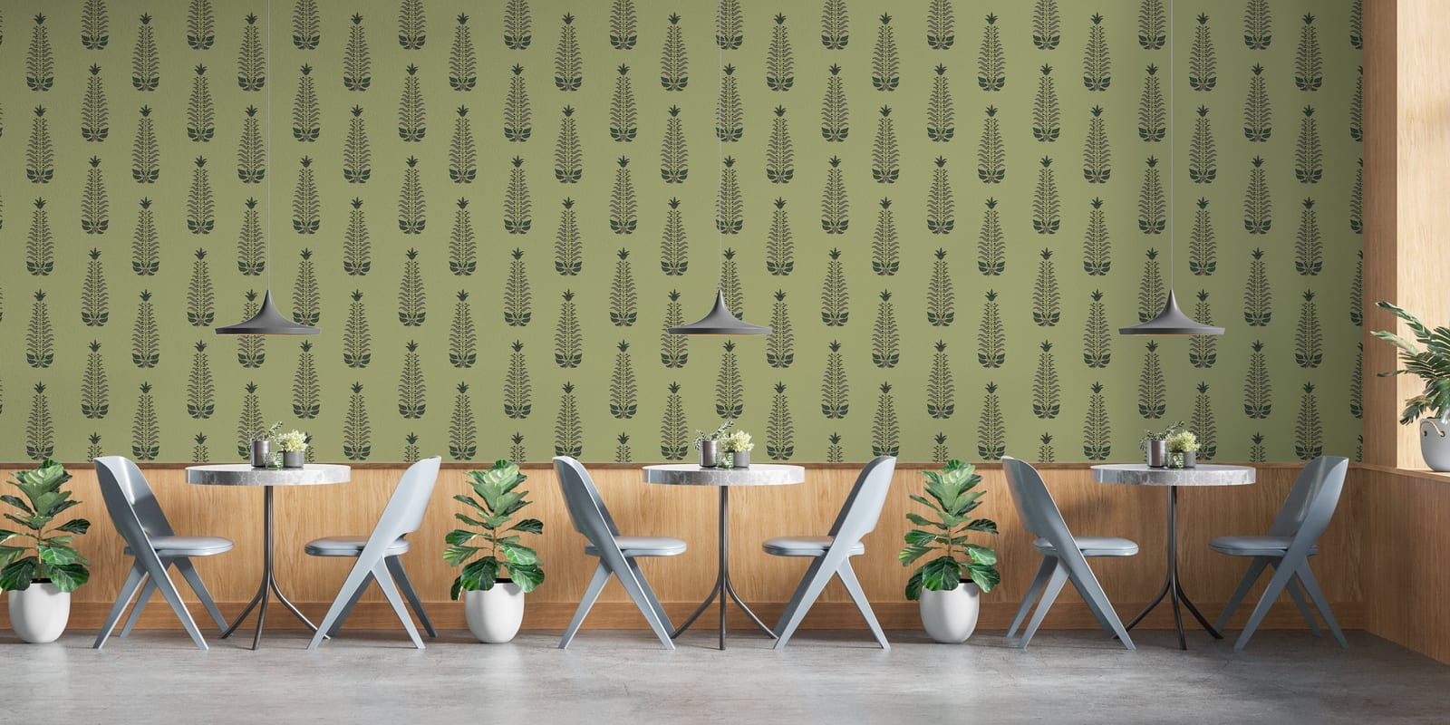 Botanical pattern wallpaper in green tones creating trendy and relaxing cafe interior ambiance