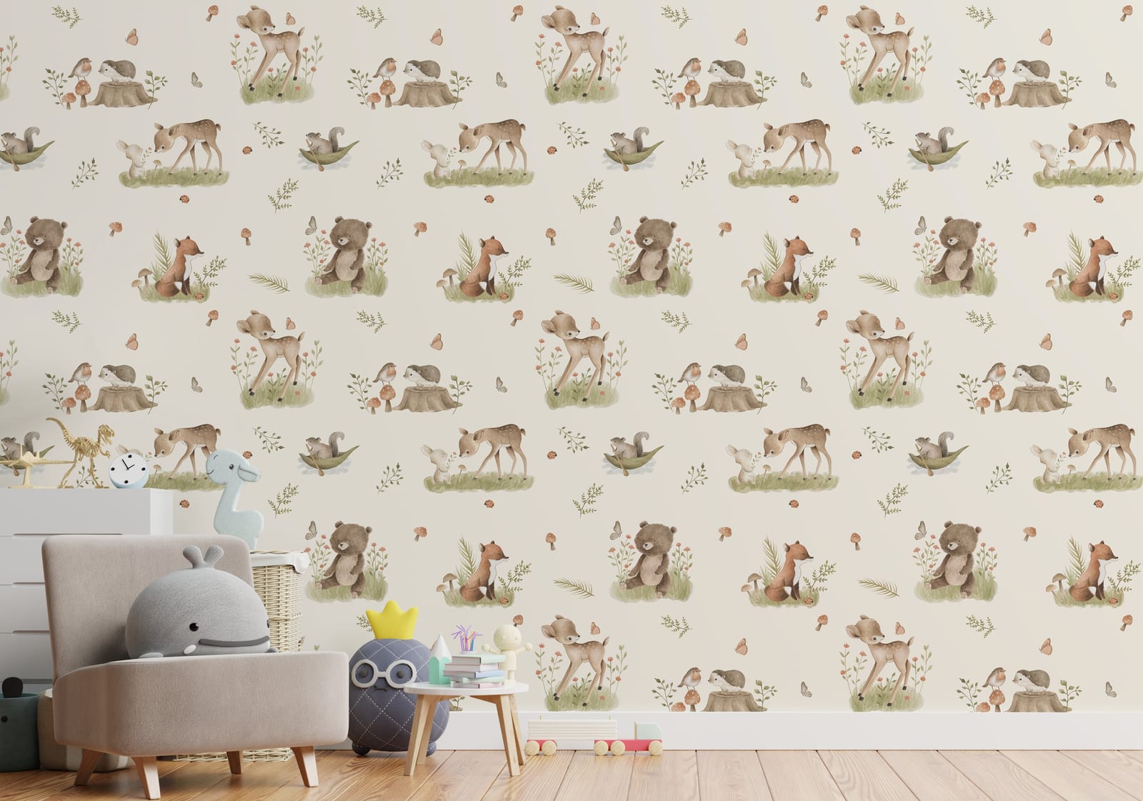 Charming woodland illustration decorating baby room feature surface introducing soft beige palette and whimsical animal themed nursery styling.