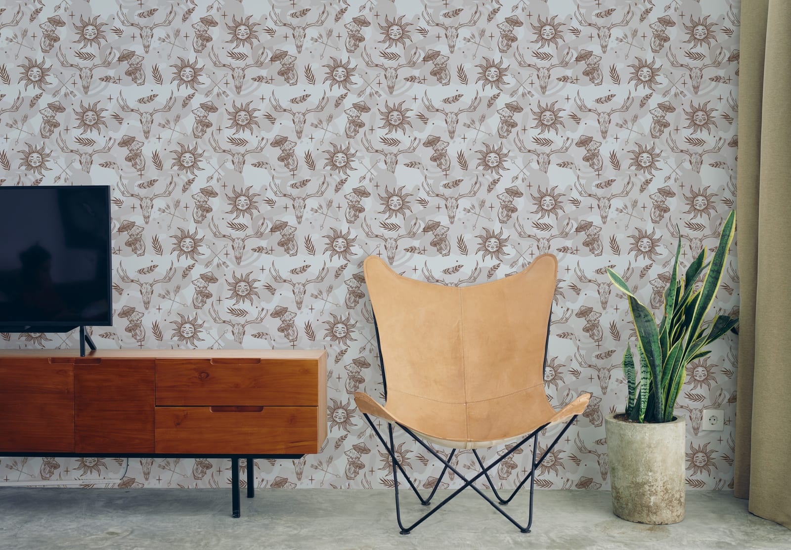 Neutral western wallpaper featuring celestial sun deer skull pattern for playroom decor