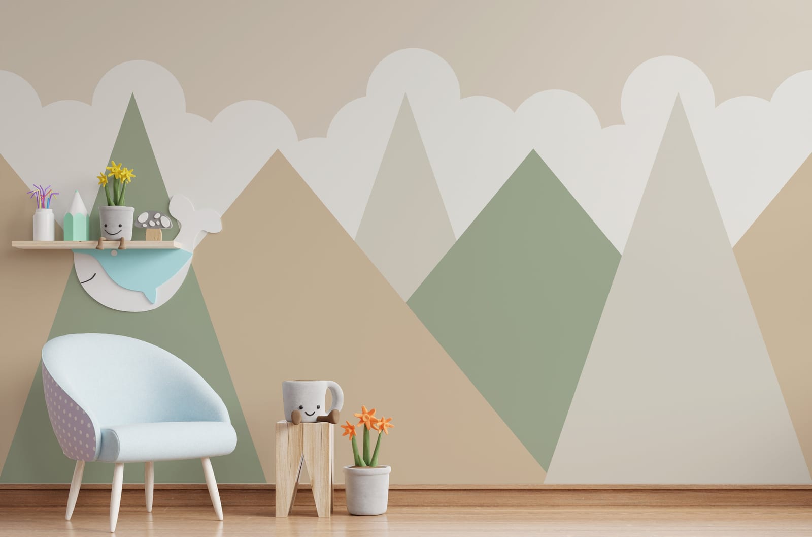 Creative children playroom showcasing pastel mountain illustration wall decor inspiring exploration and imagination.