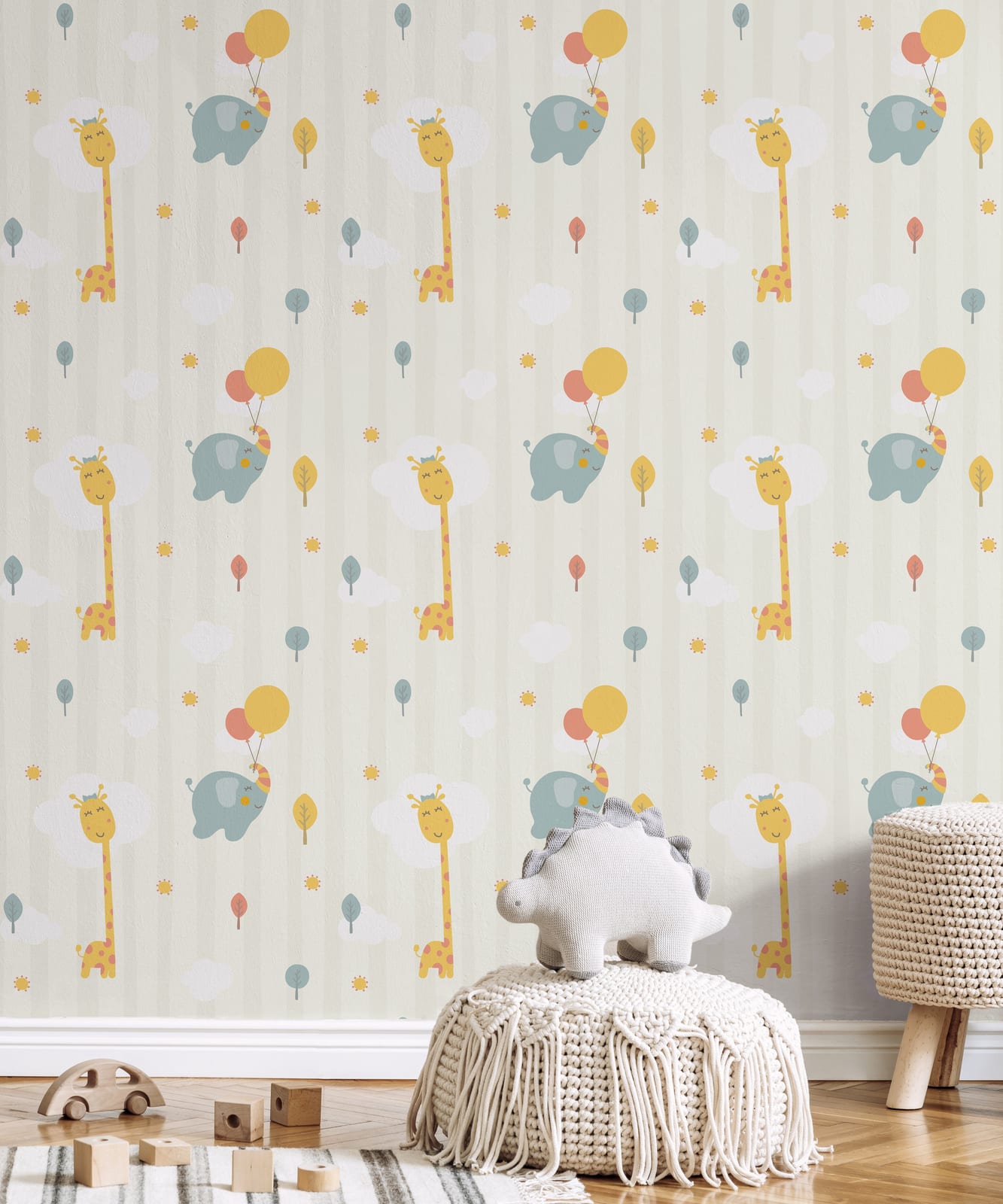 Minimal jungle animal accent wall enhancing daycare interior with calming pastel Scandinavian theme