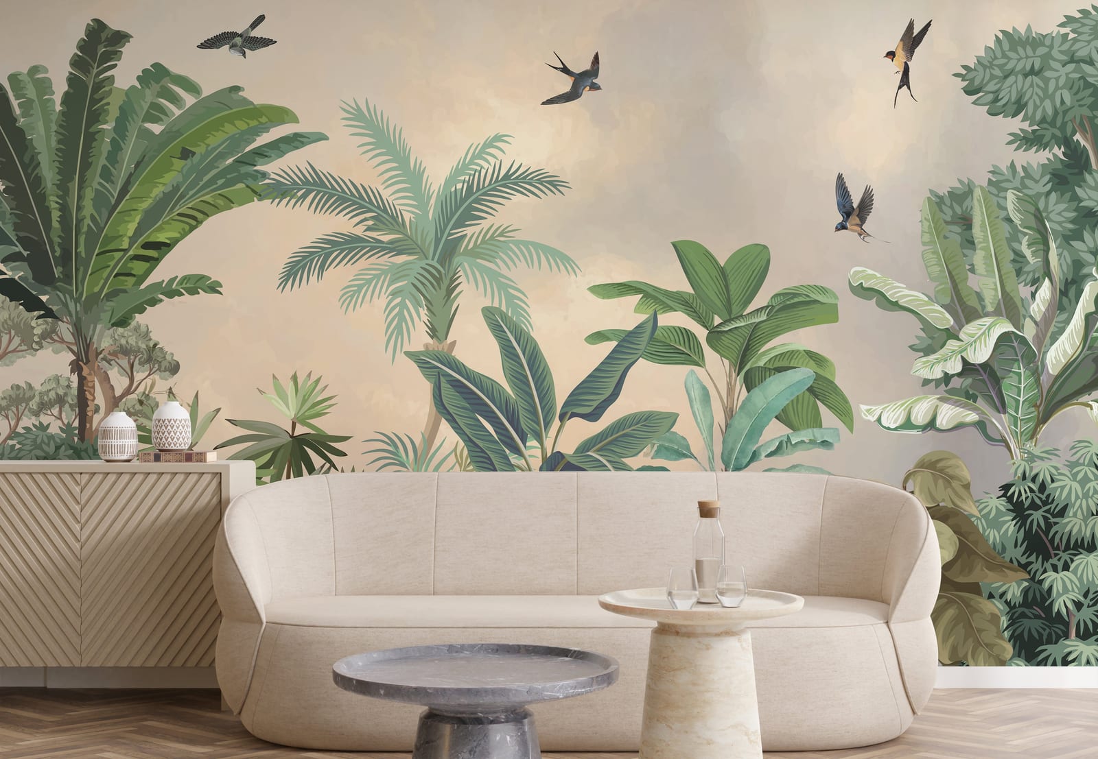 Removable tropical jungle wallpaper mural with lush palm foliage and flying swallows creating elegant living room wall decor in warm beige botanical tones.