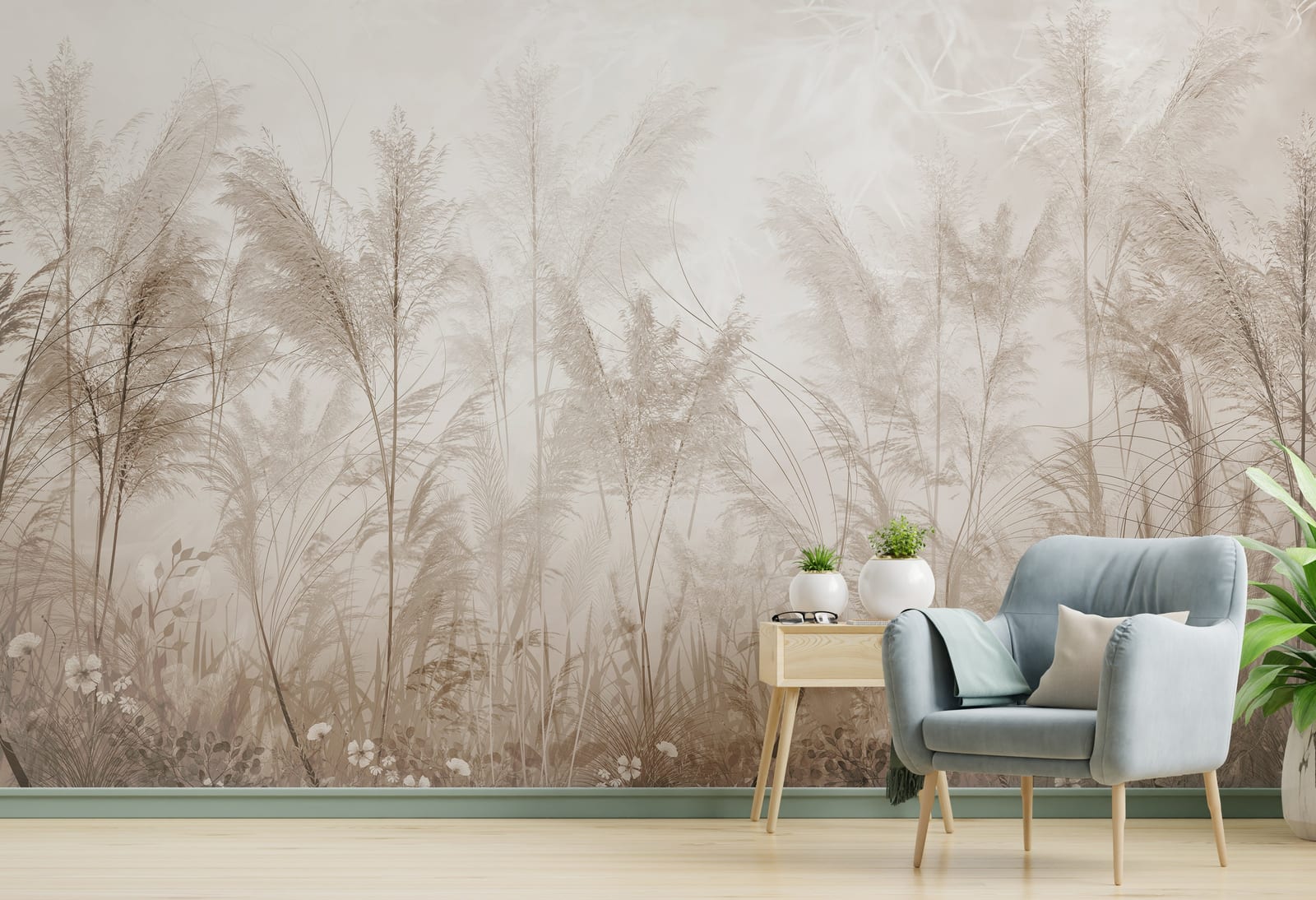 Bohemian pampas field aesthetic mural for peaceful reading room