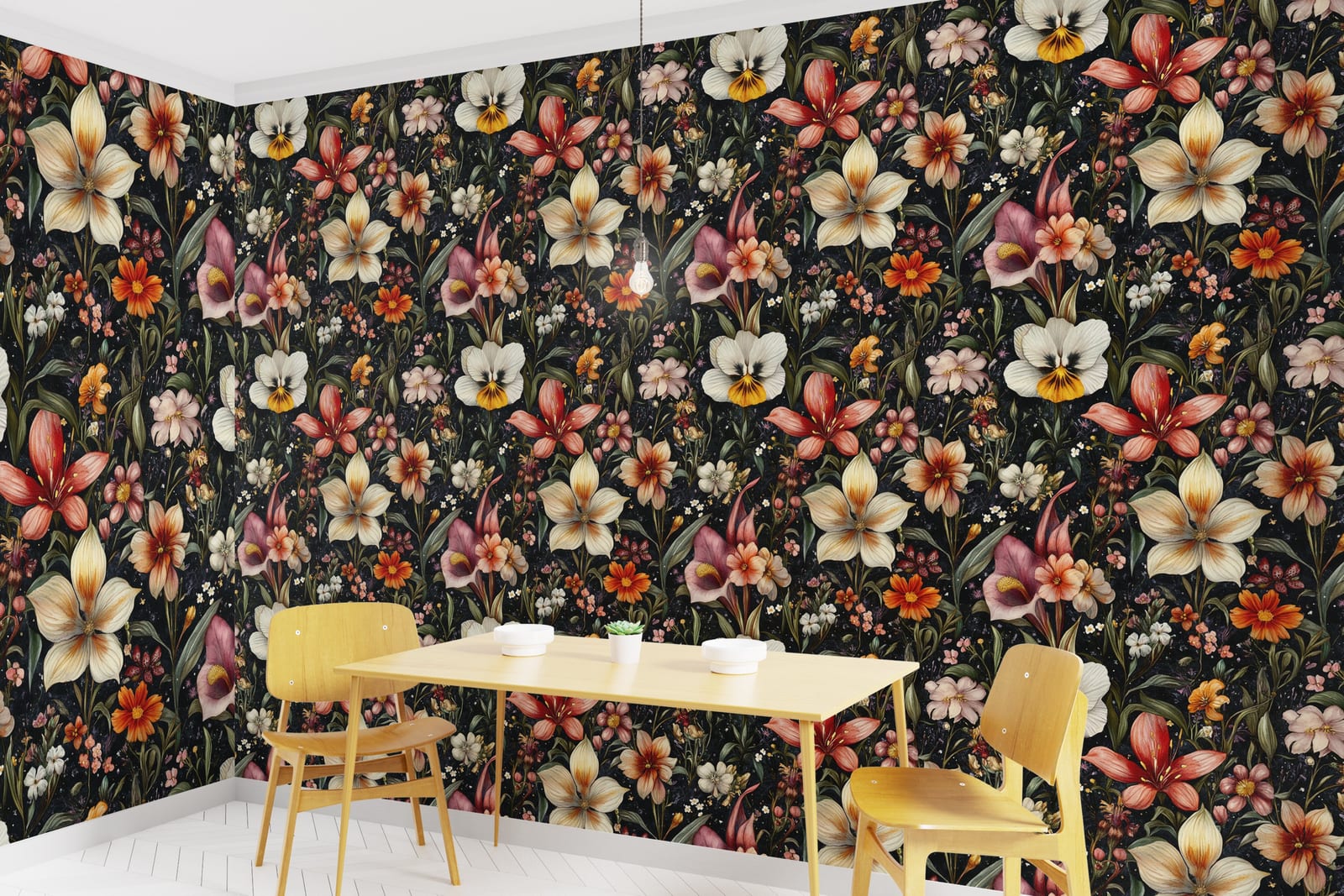 Dramatic floral wallpaper with rich orange and cream blooms in stylish dining room