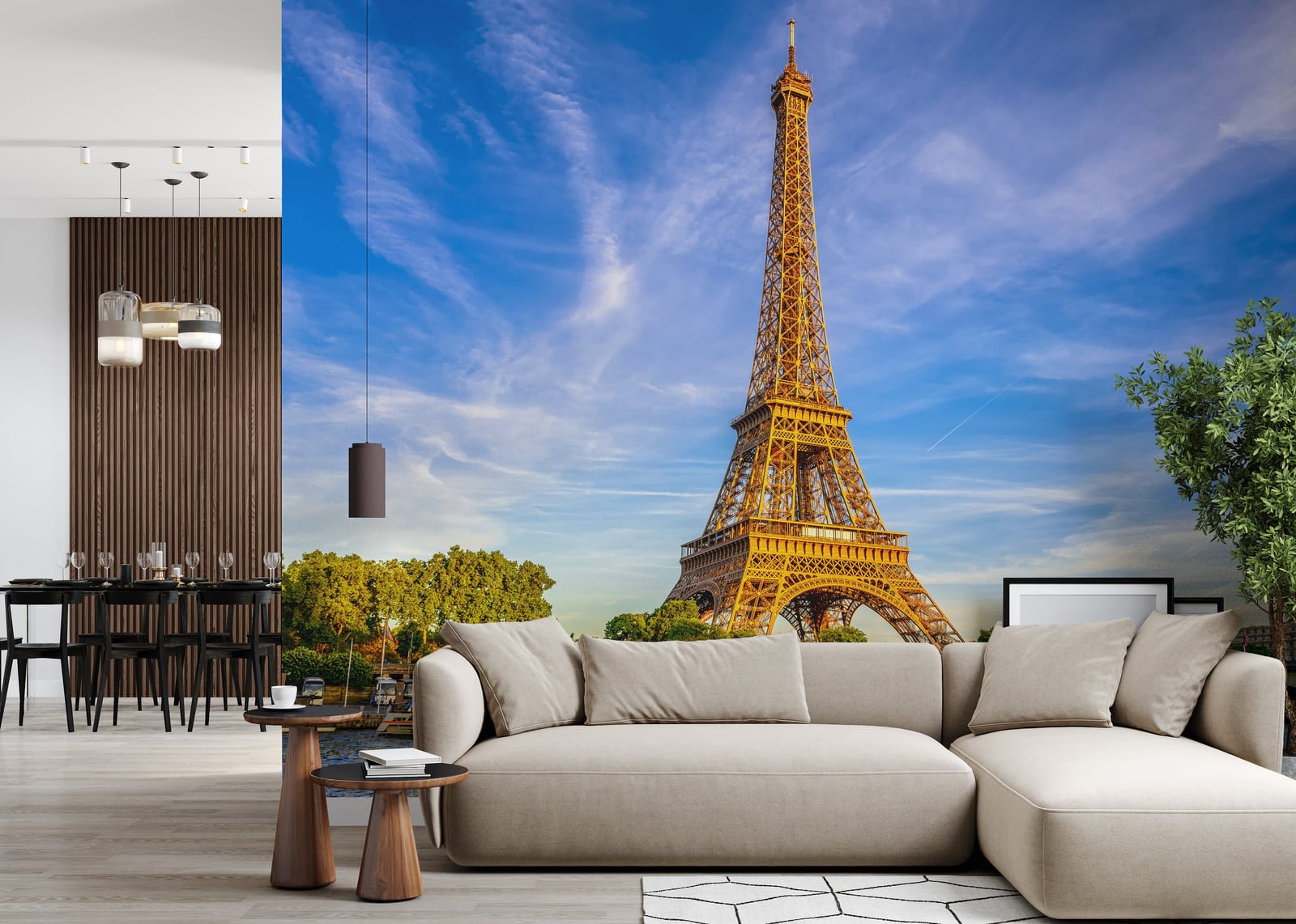 Paris Eiffel Tower skyline mural beside Seine river for elegant living room wall decor