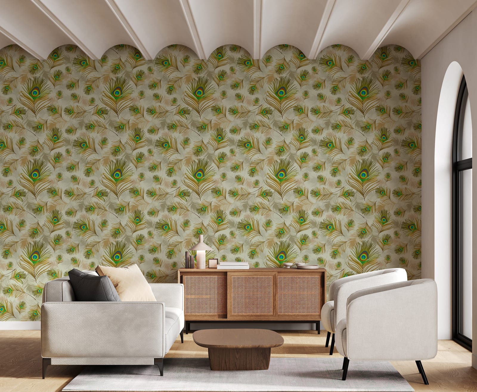 Peacock feather wallpaper with sage green and gold tones elevates modern living room decor