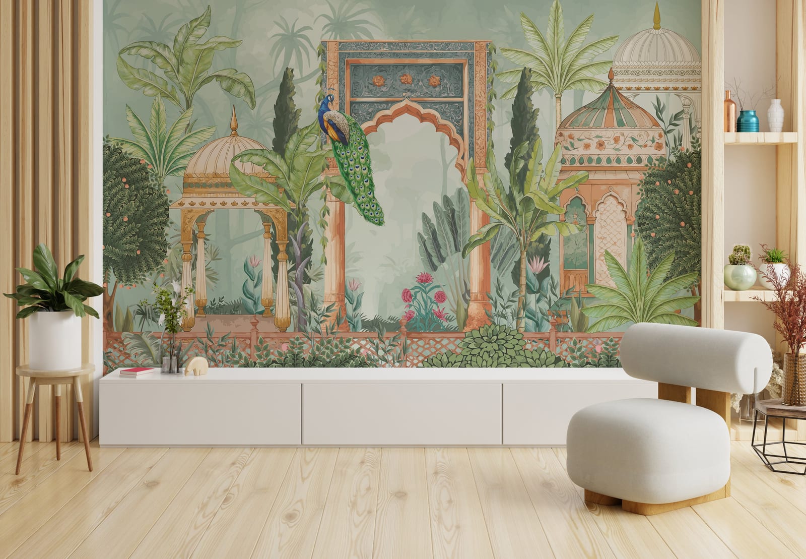 Peacock Palace Indian Wallpaper | Green Tropical Peel and Stick Living Room Decor
