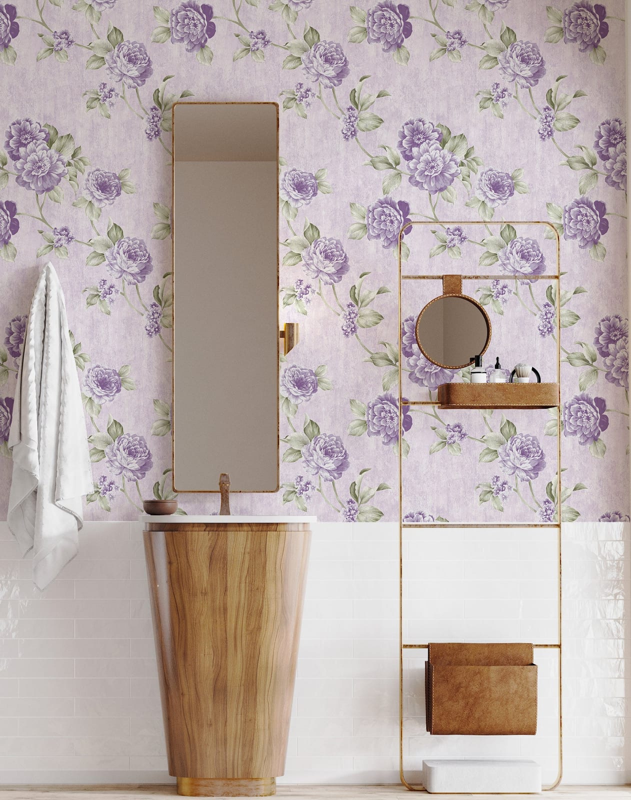 Refreshing bathroom accent wall with subtle lavender floral wallpaper in light purple botanical pattern enhancing a spa-like relaxing atmosphere