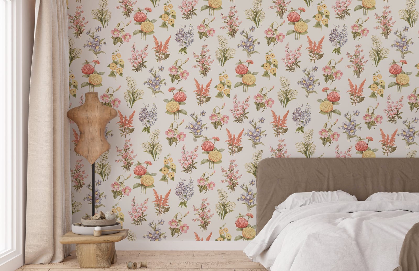 Soft vintage floral bouquet mural for peaceful bedroom feature wall