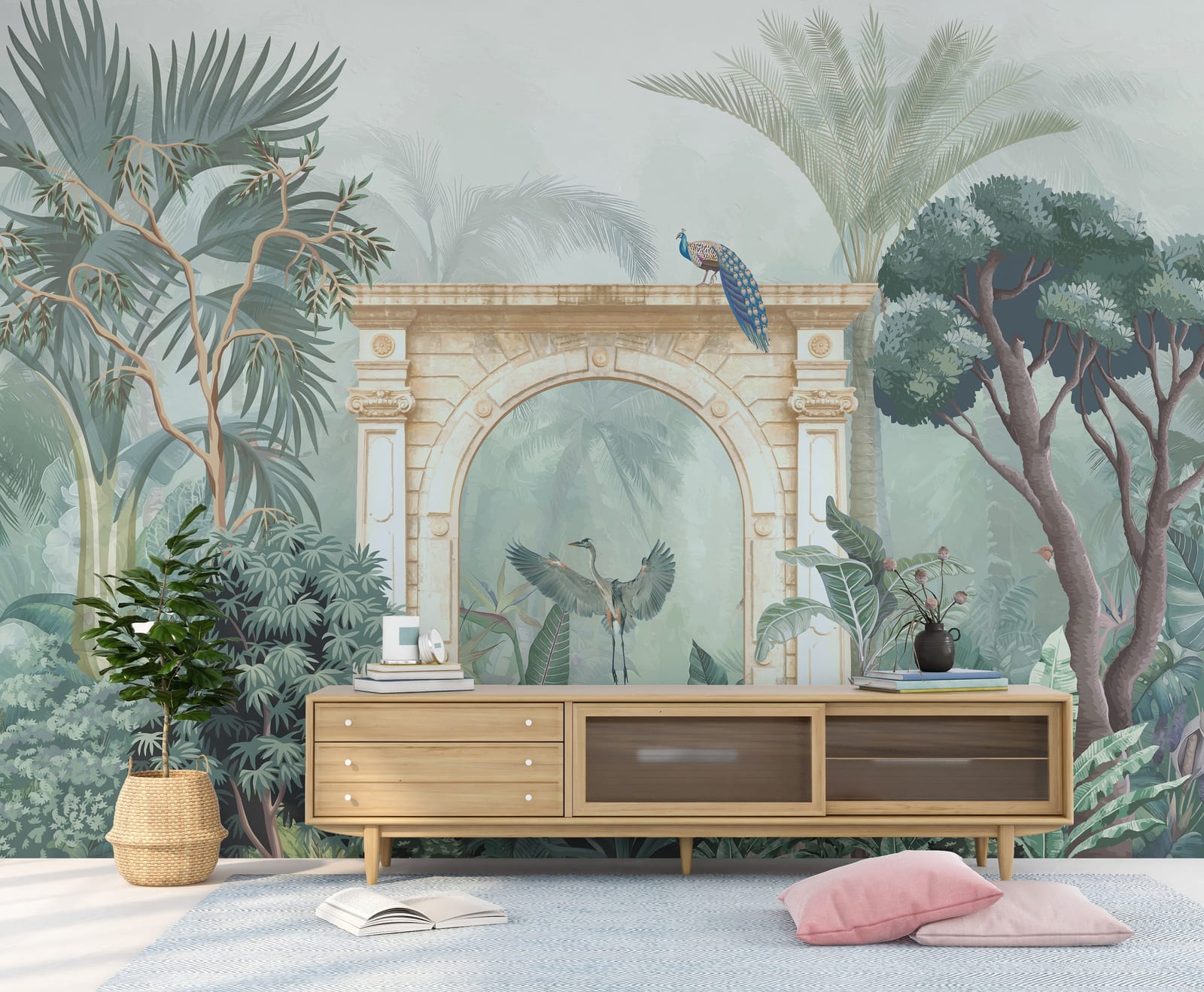 Jungle themed peacock illustration mural for apartment interior styling