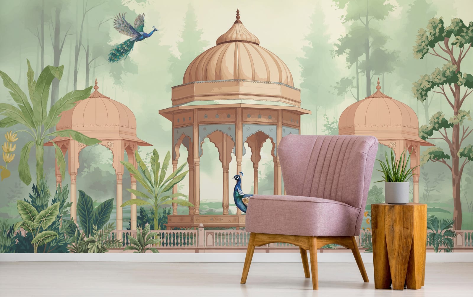 Indian heritage peacock wallpaper with arches and trees, pastel colors, dining room decor
