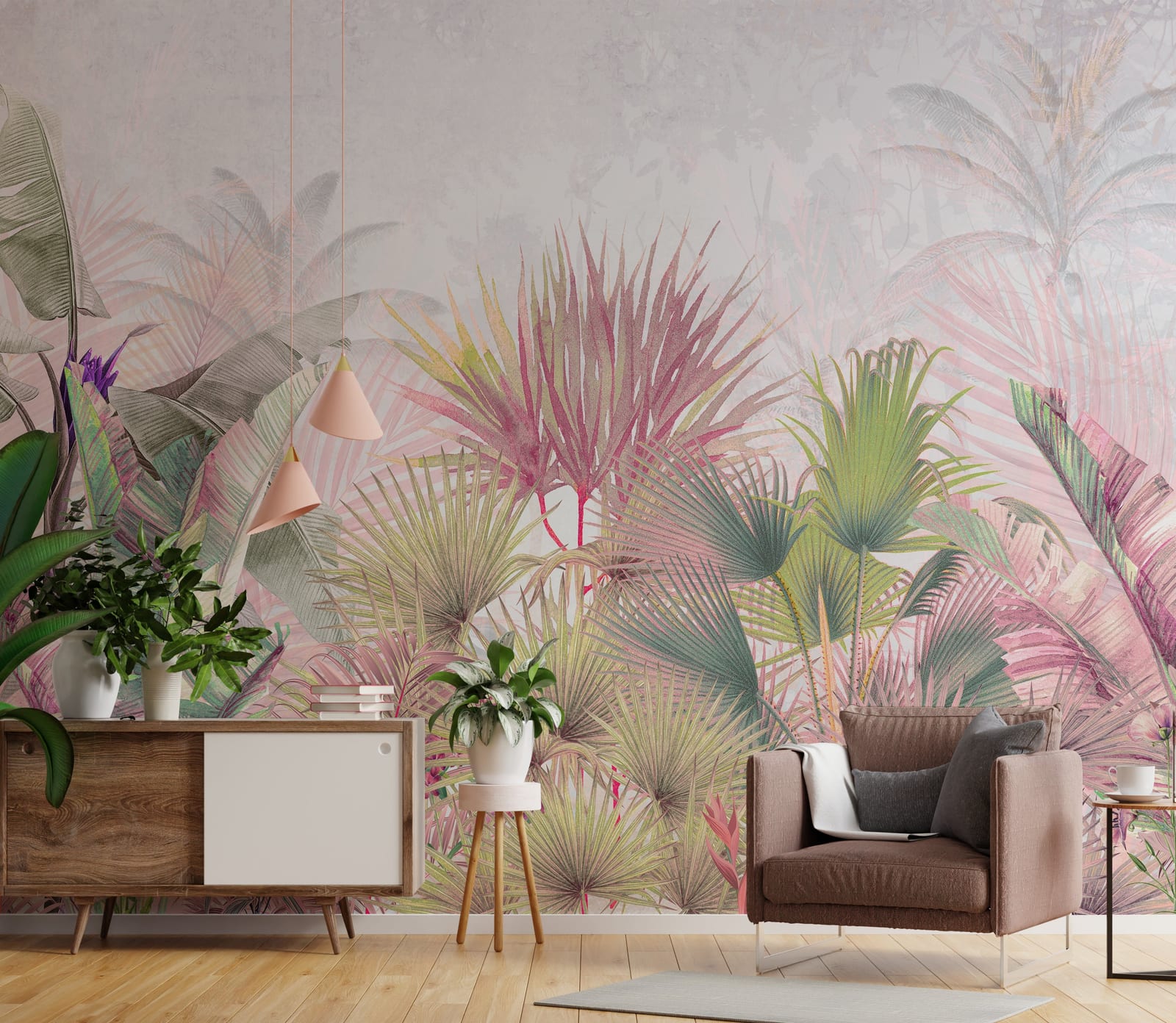 Nature-inspired leaf artwork with blended greens and muted accents bringing an inviting atmosphere to the dining space