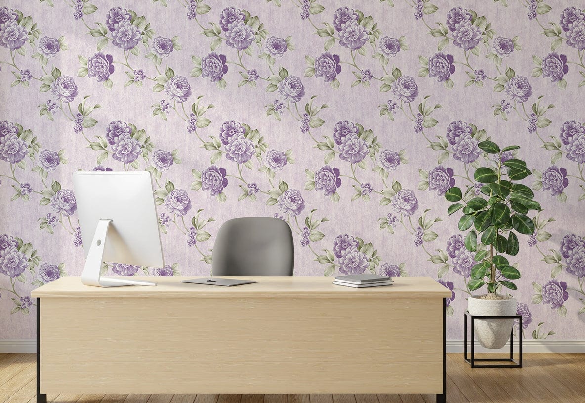 Peaceful study room accent wall with lavender botanical wallpaper in gentle purple floral pattern promoting focus and calm working environment