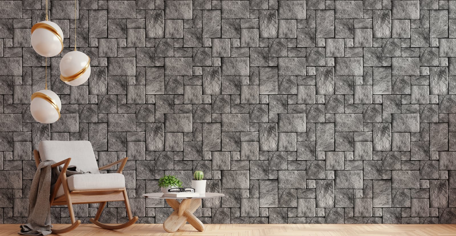 Modern stone block wallpaper mural showcasing textured grey rock wall design for stylish home office interiors