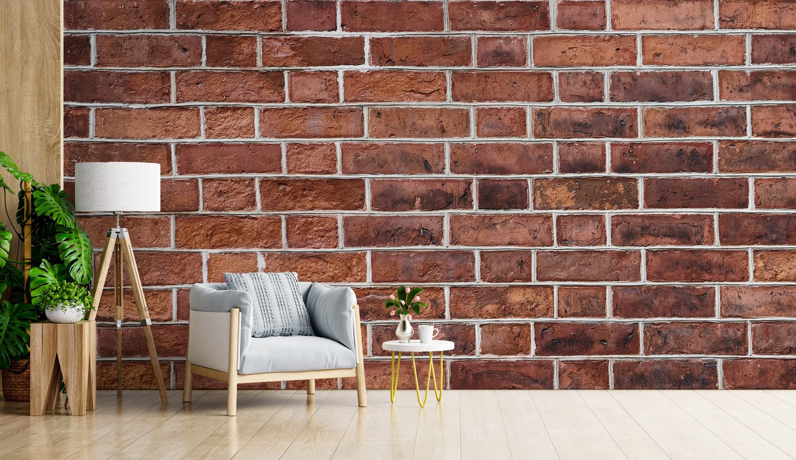Removable terracotta brick wall covering enhancing dining areas with rustic elegance and structured decorative depth.