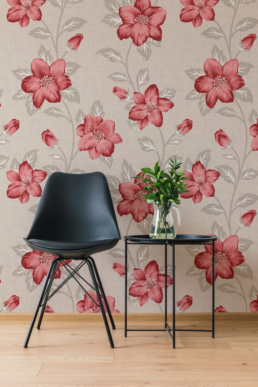 Chic hallway wall decor featuring floral wallpaper with red blossoms in textured beige design, ideal for welcoming spaces