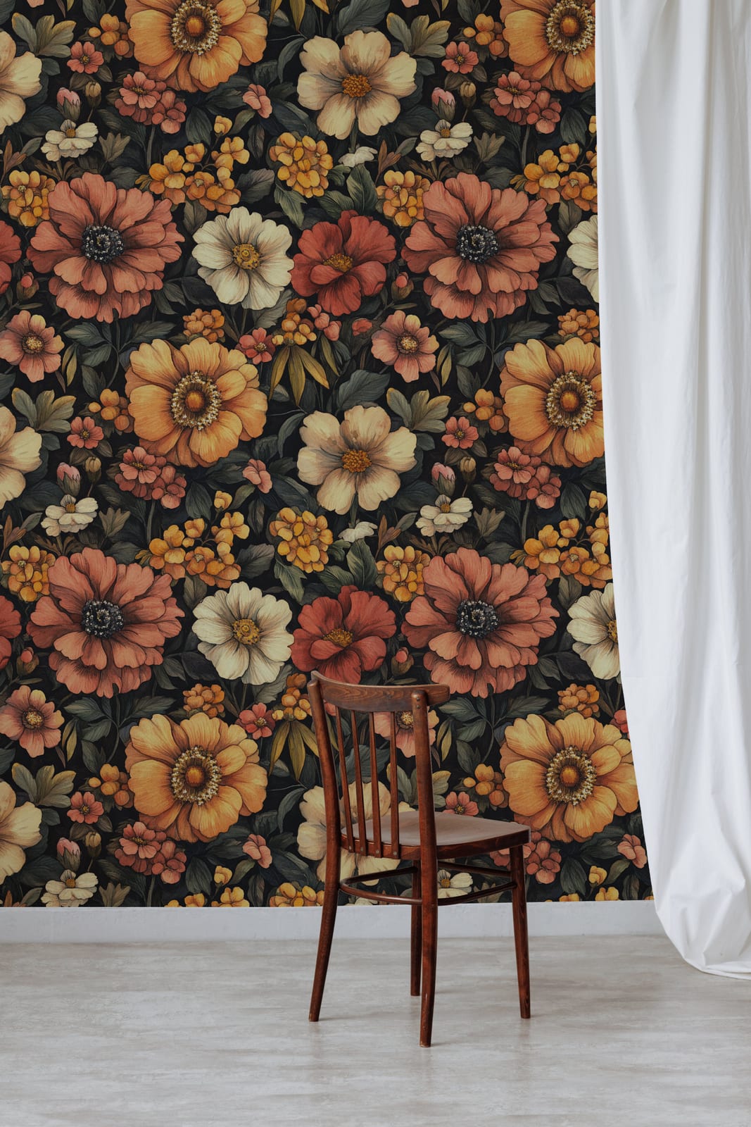 Vintage floral wallpaper in burnt orange tones for dining room feature wall decor