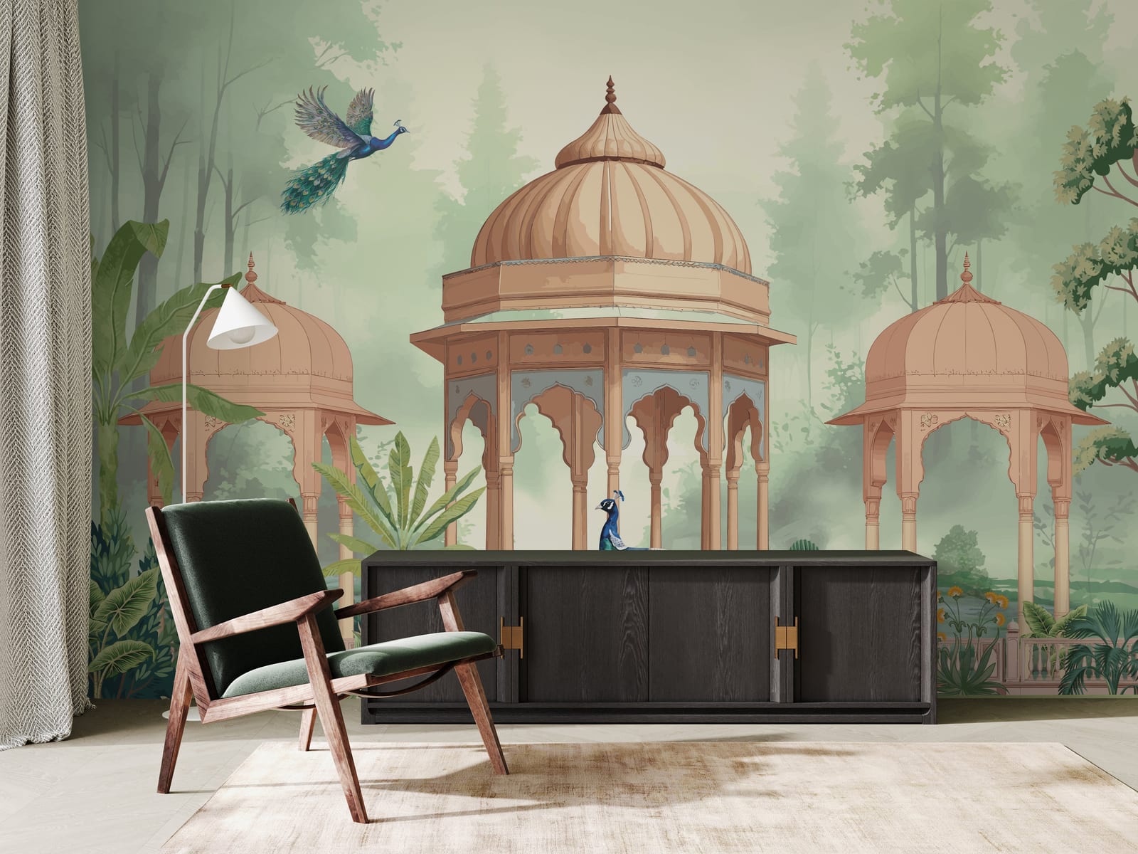Elegant peacock garden mural with scenic architecture, calming tones, cozy reading nook decor