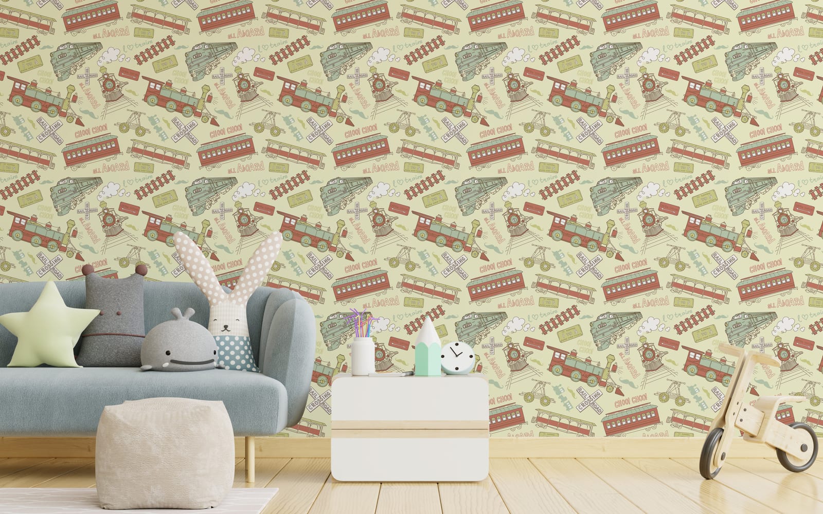 Playful boys bedroom accent wall wallpaper featuring classic transport train illustration design, perfect for contemporary kids interior decor