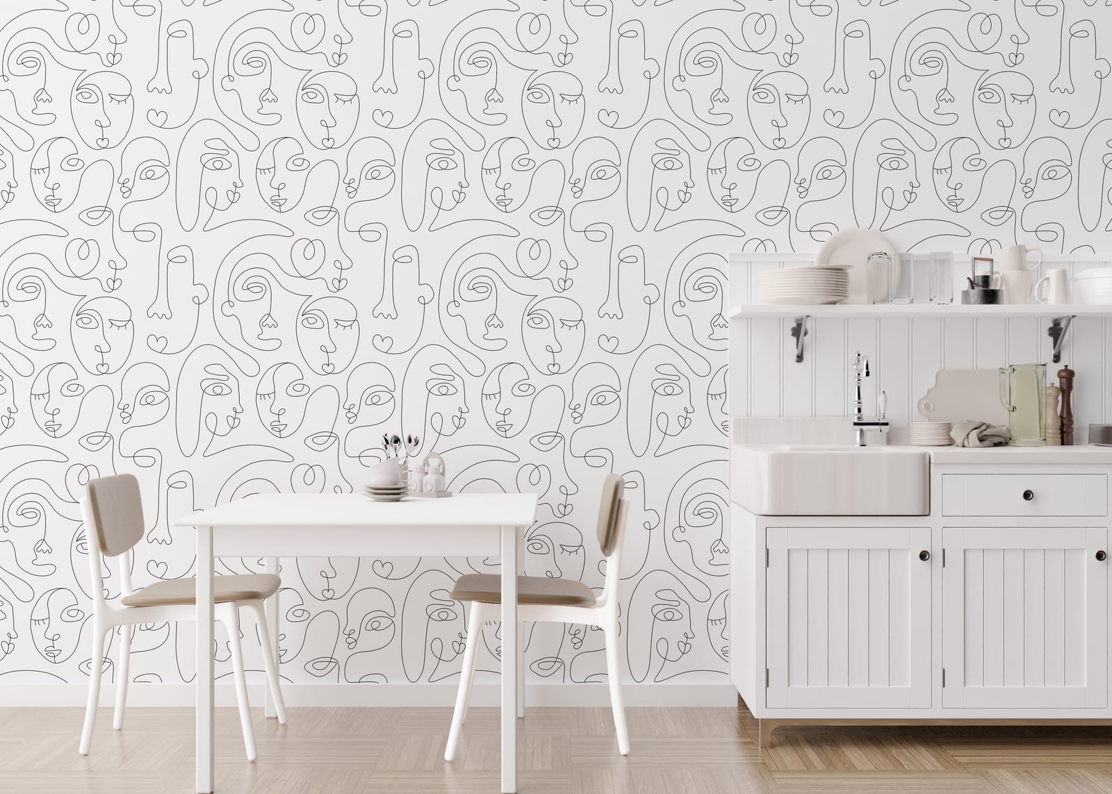 Abstract Face Line Art | Contemporary Artistic Design | Minimalist Style | Living Room Removable Wallpaper