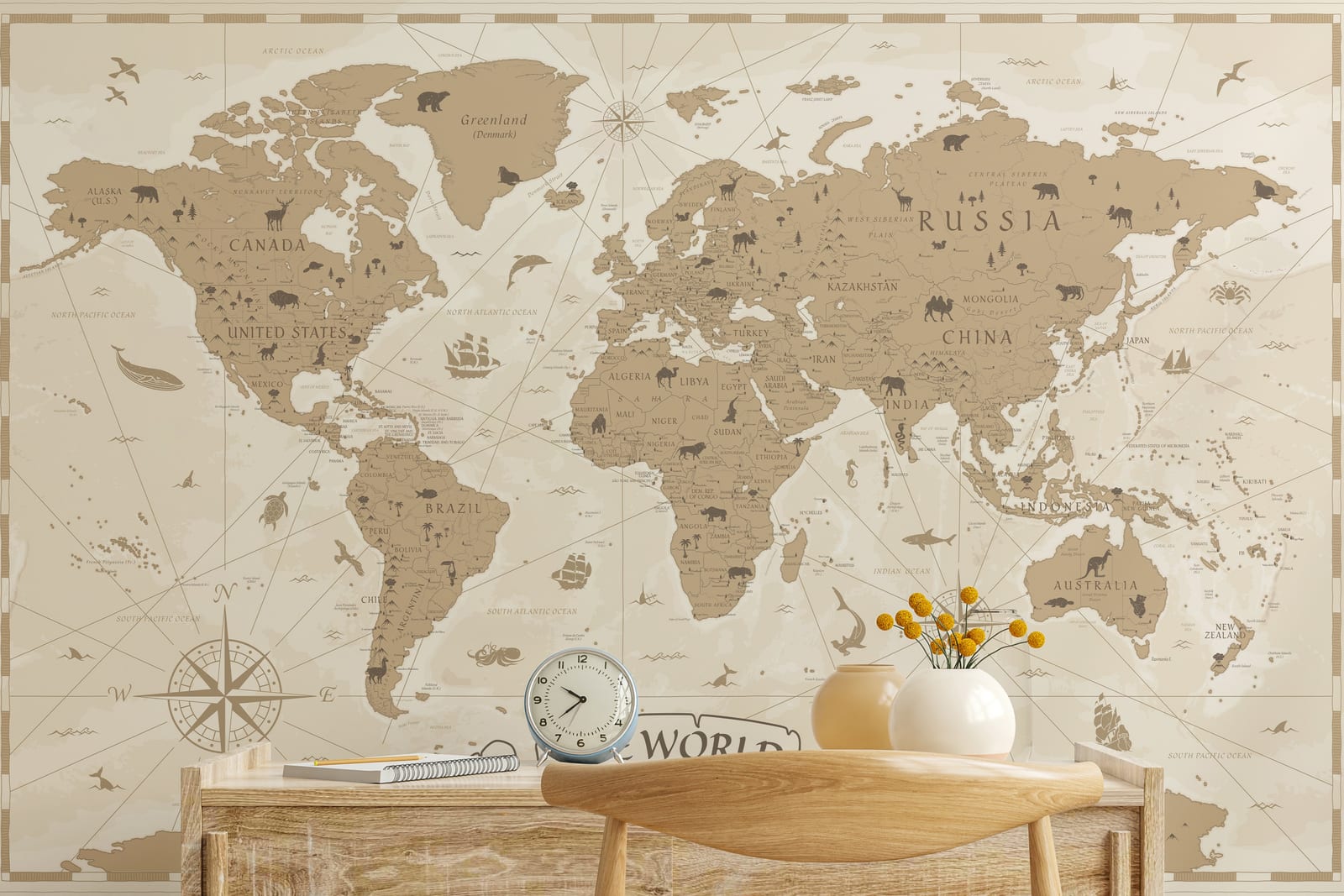 World Map Wall Decor | Beige Educational Kids Room Peel And Stick Wallpaper