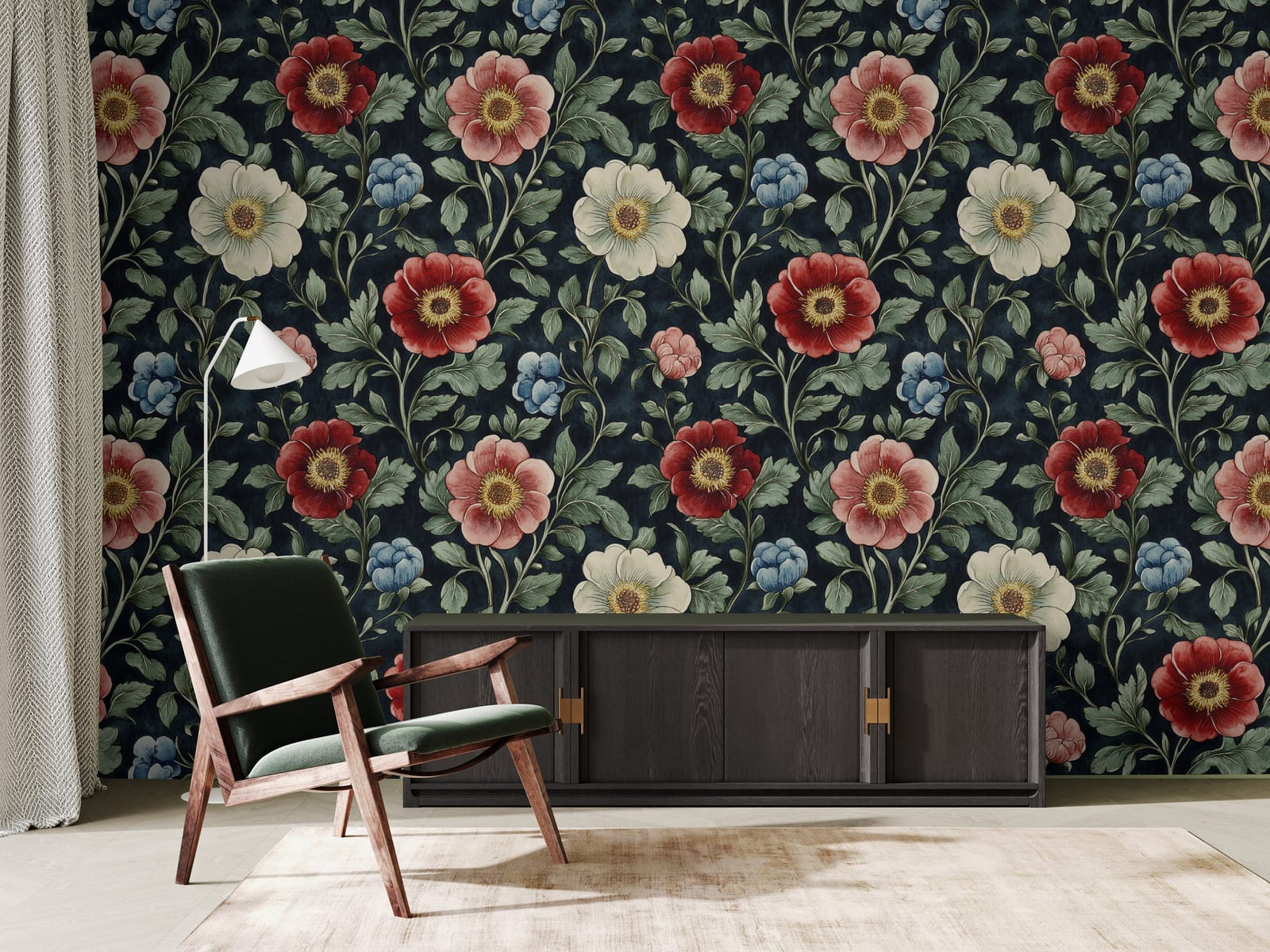 Home office feature wall with vintage flowers on dark background, creative inspiring workspace