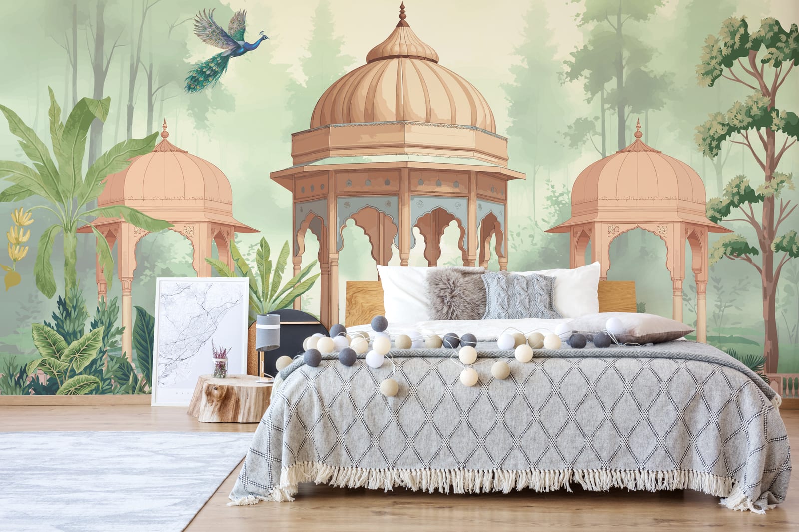 Luxury peacock wall mural featuring palace architecture, soft green tones, bedroom accent wall