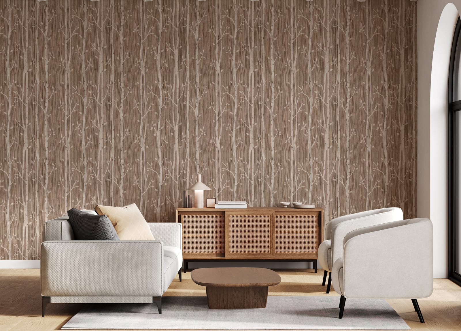 Modern living room decor with neutral wood texture and minimalist tree branch wallpaper mural
