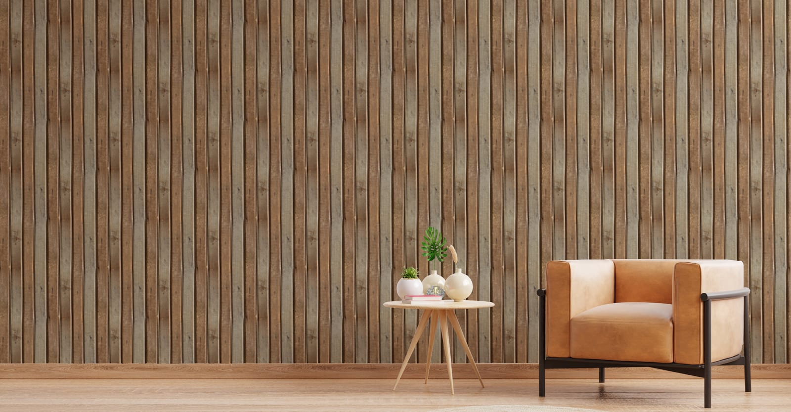Modern wood slat interior wallpaper design inspired by natural wooden walls for welcoming guest room decor